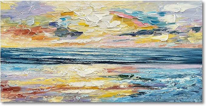 Art Hand Painted Ocean Landscape Oil Painting Sea Sunset Landscape Modern Abstract Art Home Wall Decoration 24x48 Inches