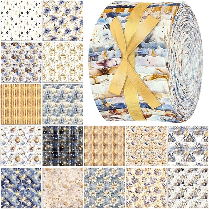 Ganeen 100 Pcs Christmas Blue and Gold Quilting Fabric Roll 2. 56 Inch Fabric Squares Jelly Patchwork Precut Strips Bundles for Holiday Materials Craft DIY Sewing Cloths