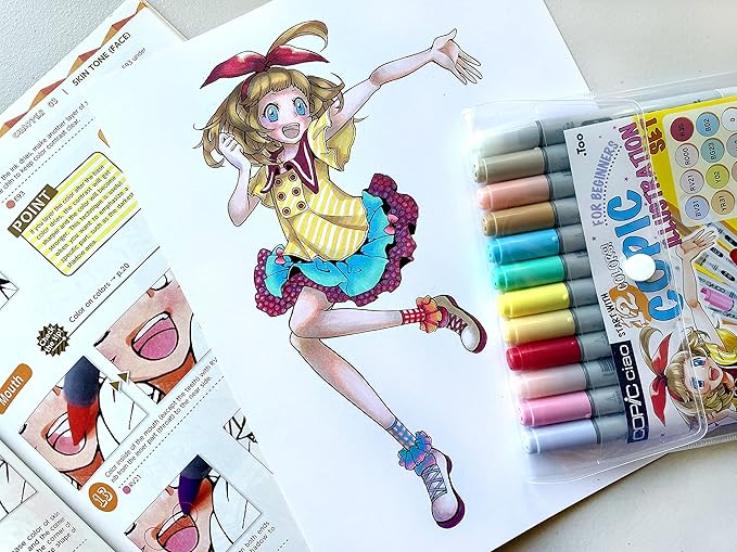 Copic Ciao Illustration Book Bundle Set, Alcohol-Based Markers (12 pcs) with an Instruction Book