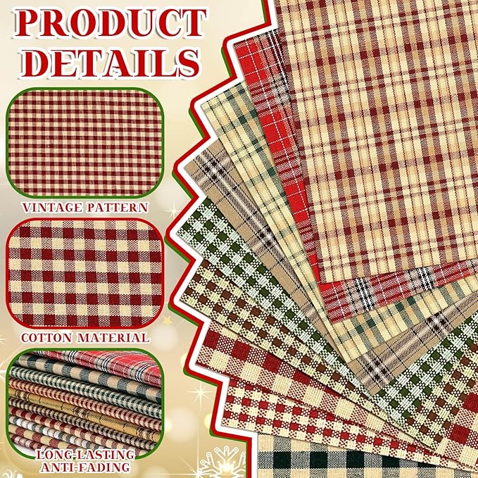 Hahafelt 10 Pcs Vintage Christmas Quilting Fabric 18 x 22 Inch Plaid Homespun Cotton Fabric Jelly Squares Lattice Rustic Precut Santa Claus Quilting Strips for Xmas Craft Sewing DIY