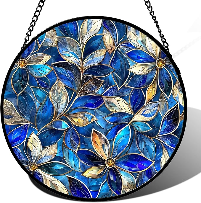 Stained Glass Window Hanging - Blue Gold Abstract Flowers Suncatcher for Door Terrace Garden Home Decor, Plant Sun Catcher Birthday Gifts for Lovers Women Men Dad Mom Nana 7.8 in