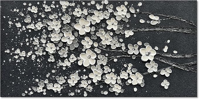 Art 24x48 Inches Hand-Painted White Flower Tree Art Oil Painting Modern Abstract Home Wall Decoration
