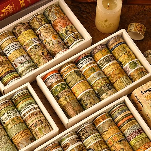 36 Rolls Vintage Washi Tape Pack Retro Arts Adhesive Tapes Wide Chronicle Decorative Masking Tape Sets for Craft, Kids, Scrapbook, DIY, Gift Wrapping (Black & White Light)