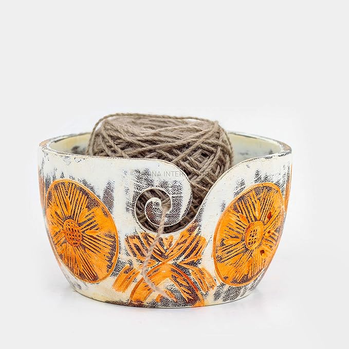 Nagina International Exquisite Premium Yarn Ball Storage Bowls | Hand Painted Lovely Decor Yet Functional Yarn Dispenser (Large (7 x 4 x 7 Inches), Almond Brown)