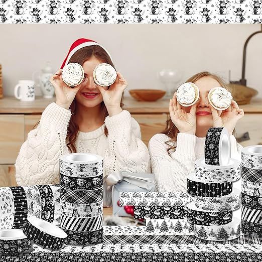 Adirasenotek 12 Rolls Black Christmas Washi Tape Decorative Tape,Snowflake Xmas Pattern for DIY Art Craft Gift Wrapping Scrapbook Journal Planners Xmas Supplies