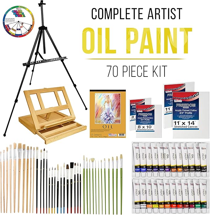 U.S. Art Supply 70-Piece Artist Oil Painting Set with Aluminum Field Easel, Wood Table Easel, 24 Oil Paint Colors, 37 Brushes, 2 Stretched Canvases, 6 Canvas Panels, Painting Pad, Palette & More