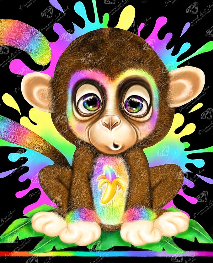 DIAMOND ART CLUB Rainbow Lil Monkey Diamond Painting Kit, Fun DIY Crafts for Adults, Round Diamond Art Canvas, 13" x 16"