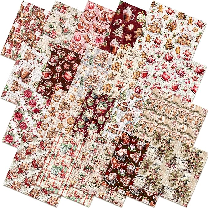 HunnmingRe 20 Pcs 10''x10'' Christmas Gingerbread Man Quilting Fabric Square Xmas Tree Santa Candy Cane Quiltted Fabric Bundle Mlticolor Precuts Printed Patchwork Supplies for Holiday DIY Sewing Craft
