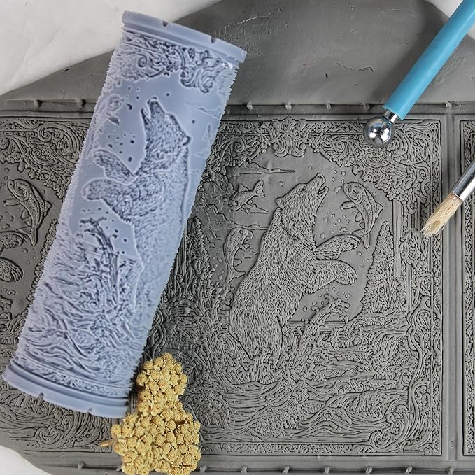 Bear Clay Texture Roller (4") - Freshwater Set #01 - Embossing Pattern Roller for Polymer & Ceramic Clay, Pottery & Crafts