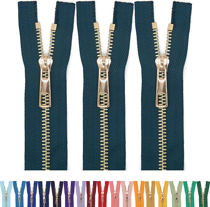 #5 Gold Metal Zipper - 50+ Colors - 3 PCS - (4-14 inches) Sizes - Luxury Lightweight Handcraft Metal Zippers with pulls for Purses Bags Pockets Shoes Sewing & Crafts DIY ZP024414