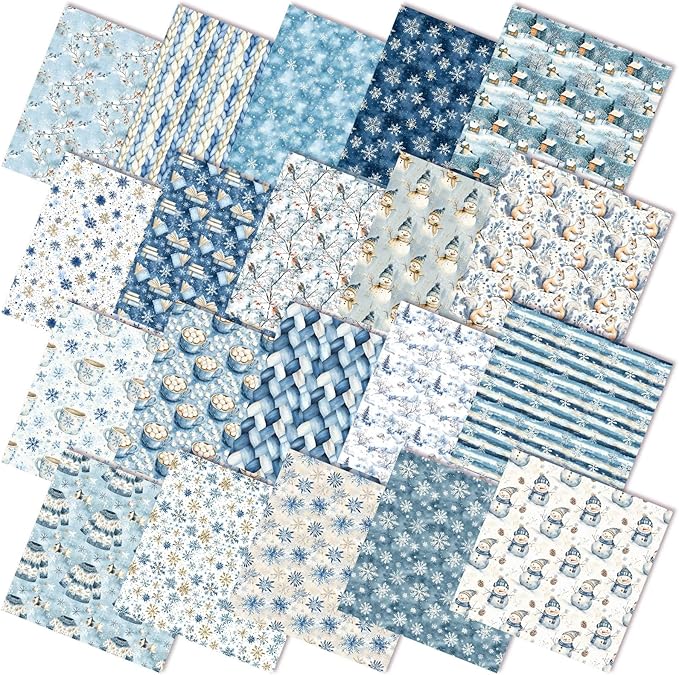 HunnmingRe 20 Pcs 10''x10'' Blue Winter Quilting Fabric Square Woodland Christmas Quiltted Fabric Bundle Snowy Day Snowflake Snowman Precuts Printed Patchwork Supplies for Xmas DIY Sewing Craft