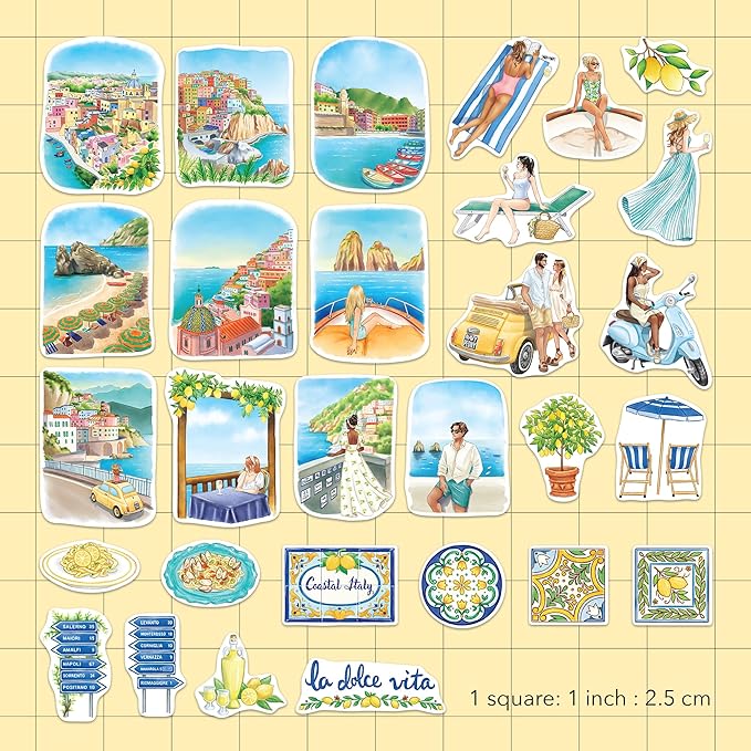 Navy Peony Coastal Italy Travel Stickers (29pcs) - Watercolor, Waterproof, Amalfi Summer, Beach-Themed Vacation Decals for Scrapbooks, Waterbottle