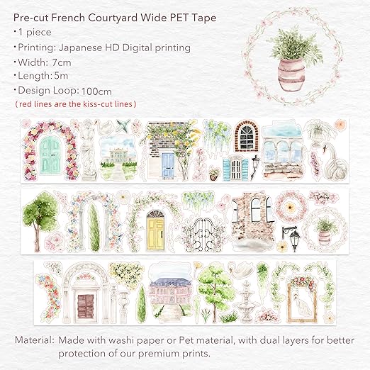 WT Pre-Cut French Courtyard Wide PET Tape, Single Roll, Romantic European Courtyard Style with Floral Designs, Transparent Decorative Tape for Journaling, Scrapbooking, Planner, DIY Crafts