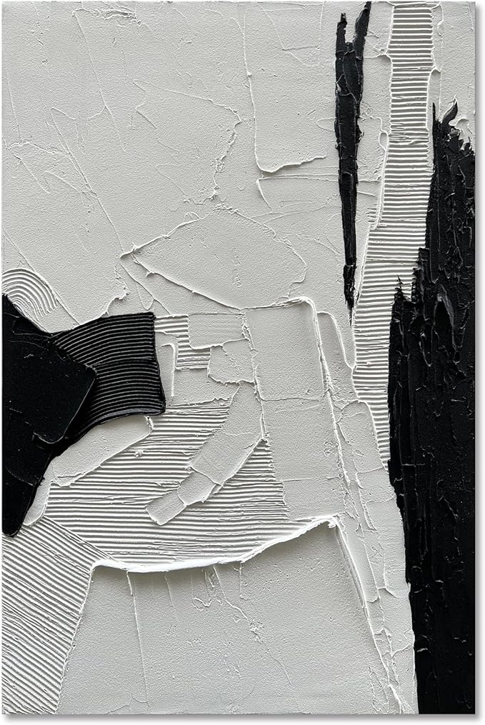 NANKAI Art Hand-Painted Black and White Texture Oil Painting Modern Minimalist Abstract Art 45x30 inch Large Home Wall Deco Art Painting