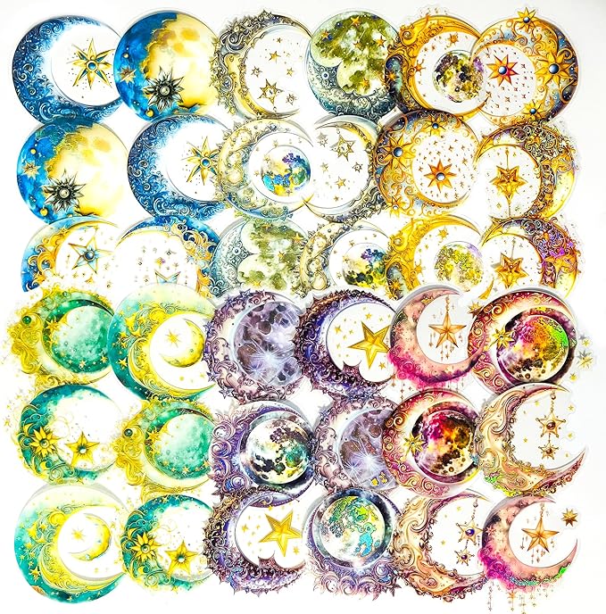 Yoksas 36Pcs Large Holographic Fantasy Moon Stickers - Waterproof Shiny Aesthetics Celestial Lunar Stickers for Scrapbooking,Junk Journals,Planner