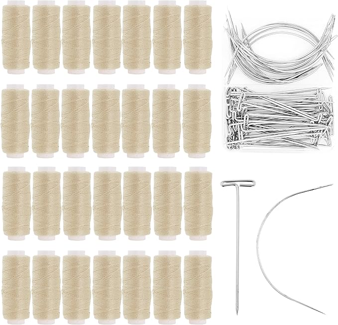 Mandala Crafts Weave Needle and Thread for Extensions – 24 Rolls of Dirty Blonde Weaving Thread for Hair Sew in with 70 T Pins & Curved Needles for Wig Making and Hair Weft