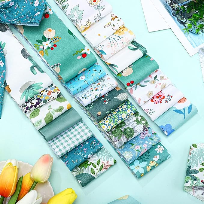 Ganeen 100 Pcs Green Floral Quilting Fabric Roll 2. 56 Inch Fabric Squares Jelly Patchwork Precut Strips Bundles for Holiday Materials Craft DIY Sewing Cloths