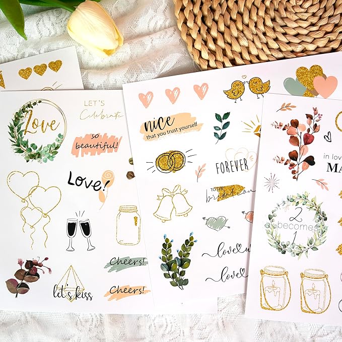 4 Sheets Wedding Celebration Stickers for Bridal Scrapbooking, Pastel Pink Self-Adhesive Waterproof Wedding Stickers for Letters,Bridal Shower,Invitations,Guestbook,Calendar