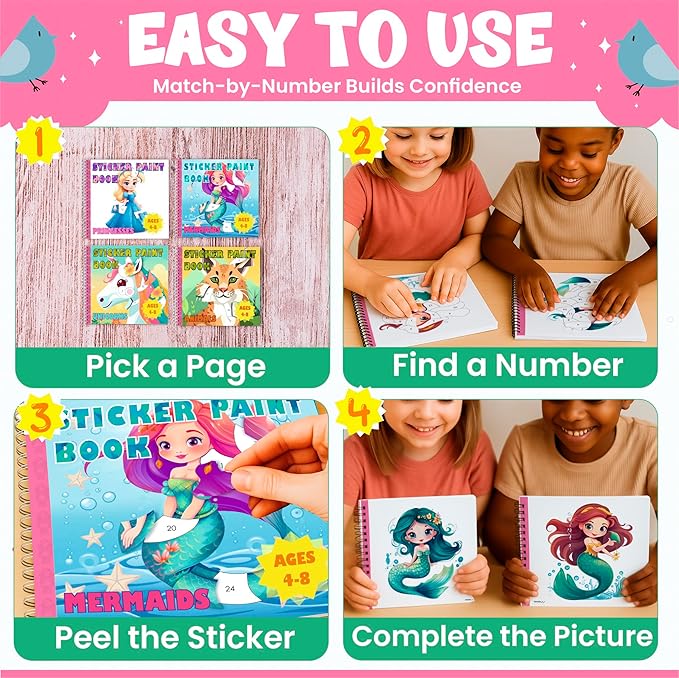 BulbaCraft 4Pcs Sticker Paint Books - Sticker Books by Number with Mermaids, Princesses, Animals and Unicorns - Coloring Activity