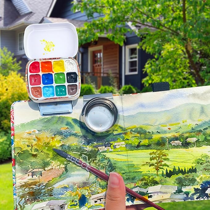 Portable Mini Tin Box,12-Well Empty Watercolor Palette,Small Paint Storage Travel Artist Outdoor Sketch Watercolor Kits with Magnetic Clip and Oil Pot.Mucha