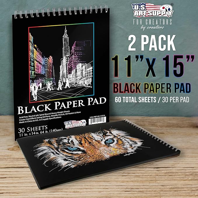 U.S. Art Supply 11x14 Premium Heavy-Weight Black Paper Sketchbook, 64lb (140gsm), 2 Pack, 30 Sheets, Spiral Bound, Black Paper Notebook for Colored Pencil, Markers, Oil Pastels, Chalk, Charcoal