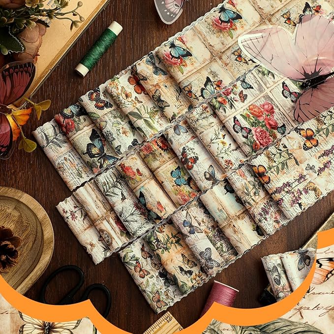 Ganeen 100 Pcs Vintage Butterfly Quilting Fabric Roll 2. 56 Inch Fabric Squares Jelly Patchwork Precut Strips Bundles for Holiday Materials Craft DIY Sewing Cloths