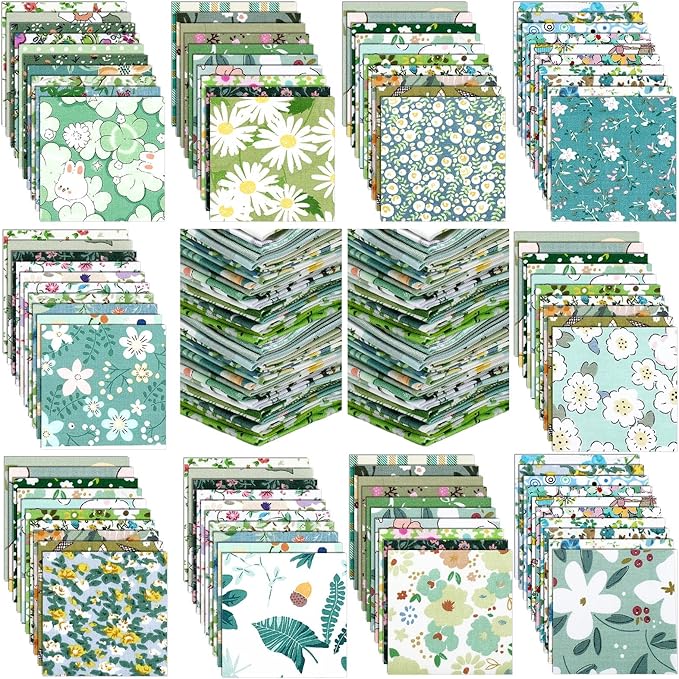 Ganeen 500 Pcs 5 x 5 Inches Cotton Fabric Squares Precut Quilting Fabric Bundles Solid Colors Quilt Material for DIY Craft Sewing Embroidery(Green Floral)