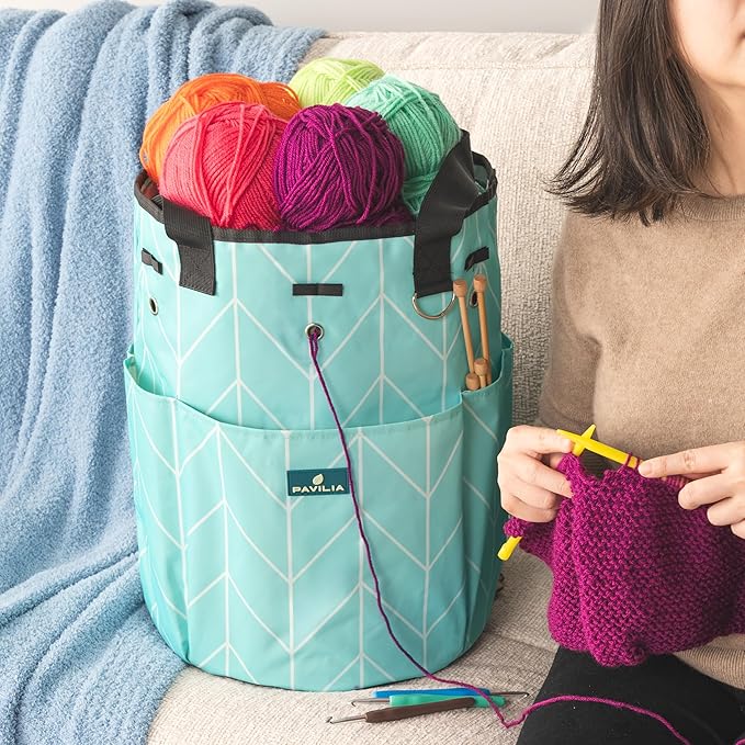 PAVILIA Crochet Bag Knitting Bag Organizer, Yarn Bag Storage Tote for Crocheting On The Go, Knitting Accessories Supplies Holder with Grommets, Gift for Crochet Lovers Knitters (Chevron Teal)