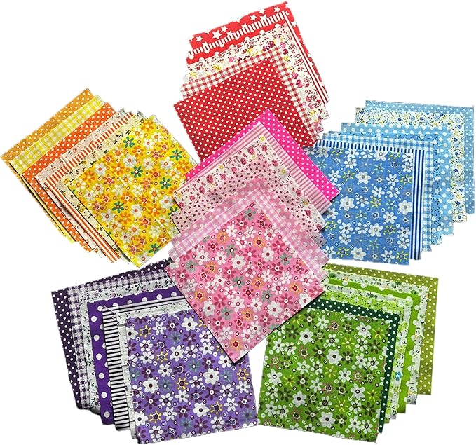 42 Piece Cotton Quilting Fabric Squares, 5x5 Inch Pre-Cut Floral Patchwork Bundle in Red, Pink, Yellow, Green, Blue, Purple for DIY Sewing, Scrapbooking, Craft Projects