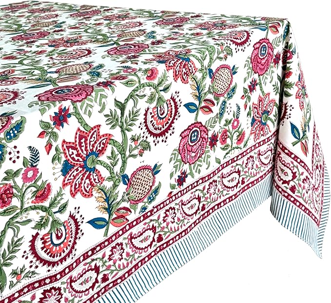 ATOSII Ruby 100% Cotton Rectangle Summer Tablecloth, Block Print Floral Table Cloth for Dining Table, Parties, Weddings, Outdoors Grand Millenial Decor I 60 X 108 Inches I 8 Seater I