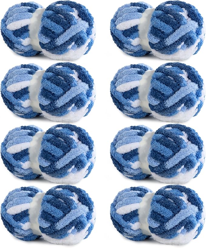Hombys 8 Pack Giant Chunky Yarn for Crocheting/Hand Knitting, Super Bulky Soft Fluffy Tie Dye Plush Fuzzy Mixed Color Thick Chenille Yarn (Blue, Light Blue, White)
