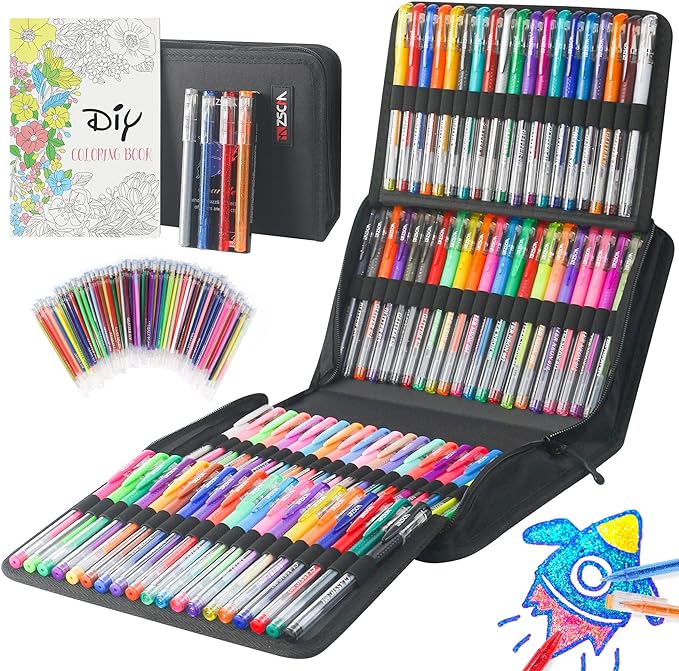 202 Pack Gel Pen For Adults Coloring Books, 104 Artist Pens Include 100 Colored Pens, 4 Metallic Sparkle Pens With 98 Refills, Fine Tip Metallic Gel Pen for Drawing Journaling Craft Art Supplies