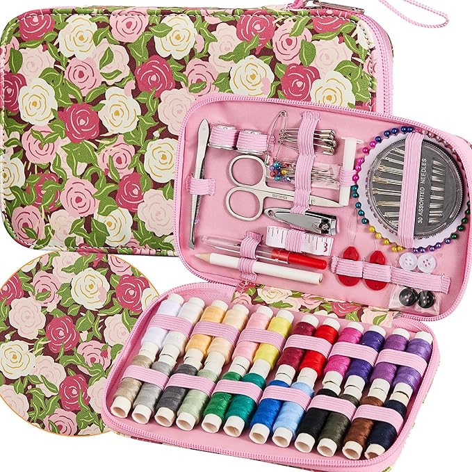 Rose Floral Sewing Kit with 130 PCS Sewing Supplies Accessory,PU Zipper Sewing Needles Set, Professional Travel Sewing Kit for Adults,Emergency, Home
