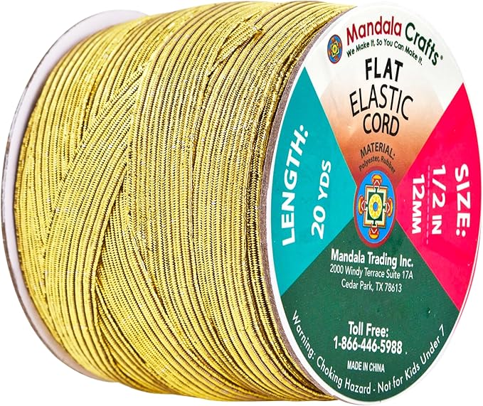 Mandala Crafts 12mm 20 Yds Roll of Metallic Gold Elastic Bands for Sewing - 1/2 Flat Elastics Cord - 1 2 Inch Braided Stretch Straps for Crafting