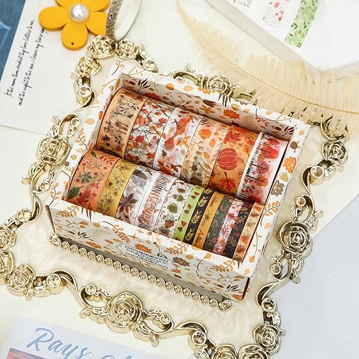 18 Rolls Seasons Flowers Washi Tape Set Floral Arts Adhesive Tapes Blooming Garden Decorative Masking Tape Sets for Craft, Kids, Scrapbook, DIY, Gift Wrapping (Autumn)