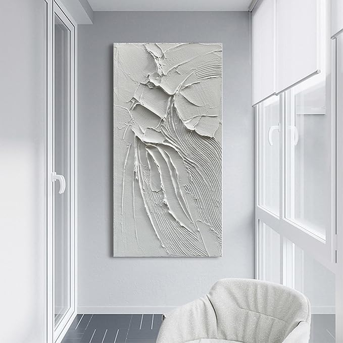 Art Thick Textured White Minimalist Oil Painting Large Home Wall Deco Art 48x24 inches