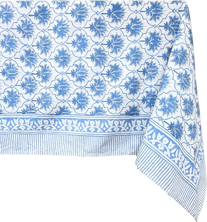 ATOSII Padma Blue 100% Cotton Rectangle Summer Tablecloth, Indian Block Print Floral Table Cloth I Dining Parties Weddings Outdoors Holidays 60 X 90 Inches, 6 Seater I Grandmillennial Farmhouse Boho
