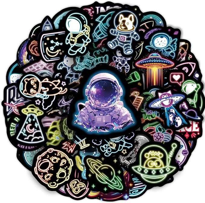 75 Pcs Neon Space Planets Stickers for Kids, Vinyl Astronaut Sticker for Water Bottle, Waterproof Laptop Decals for Teens Girls Boys Adults
