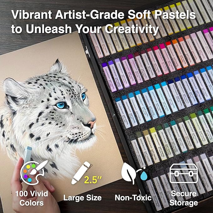 COLOUR BLOCK Soft Pastels for Artists - 100 Colors Square Chalk Pastels Set in Wooden Box - Vibrant Pigments Art Kit for Painting, Drawing, Sketching, Hobbyists, Students.