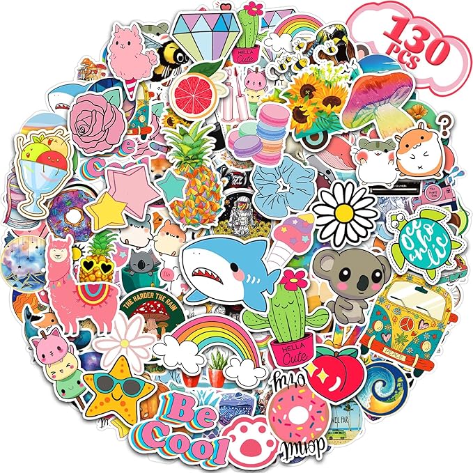 Arme 130Pcs Cute Stickers Pack, Colorful Vinyl Stickers for Water Bottles Computer Skateboad Phone Notebooks, Cute Stickers Waterproof, Pet Sticker for Toddlers Kids Teens Girls Boys