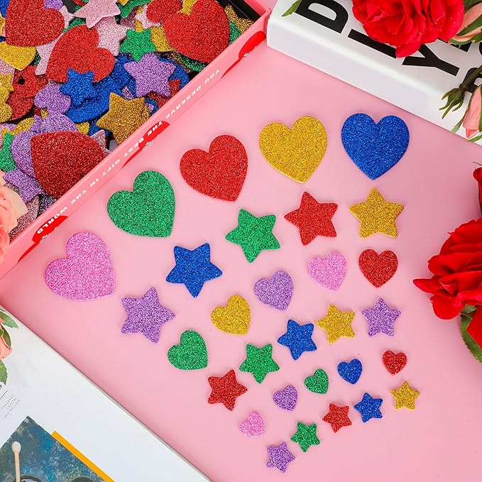300 PCS Glitter Heart Stickers, Colorful Self Adhesive Foam Star Heart Stickers, Arts Craft Mini Star Bulk for Valentine Crafts DIY Greeting Card Envelopes Scrapbooking