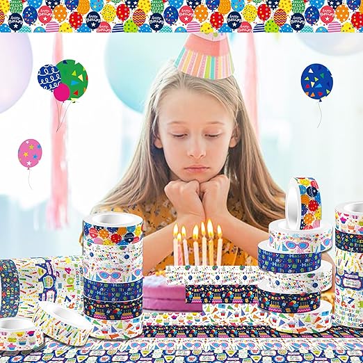Adirasenotek Happy Birthday Washi Tape Colorful Washi Masking Tapes 12 Rolls,Birthday Decorative Paper Stickers for Note Scrapbook Handbook Sticker Coquette Gift Wrapping DIY Art Crafts