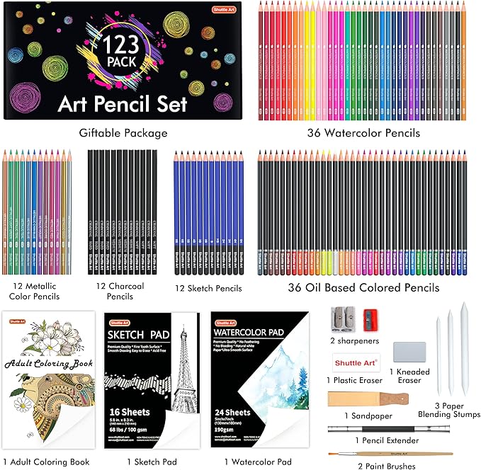 Shuttle Art Professional Drawing Kit, 123 Pieces of Drawing Pencils Set Includes Colouring Pencils, Watercolor, Charcoal, Graphite and Sketch, Ideal for Adults Children Artists