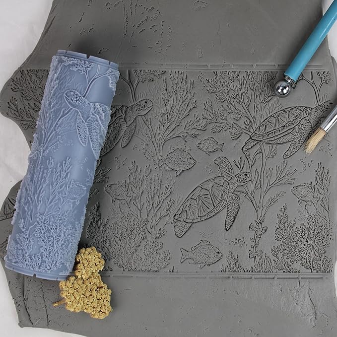 Coastal Turtle Garden Clay Texture Roller (4") - Seamless Ocean Set #01 - Embossing Pattern Roller for Polymer & Ceramic Clay, Pottery & Crafts