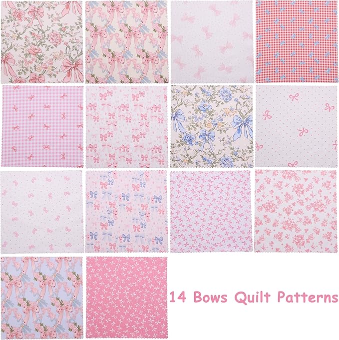 Hanjunzhao Blue Pink Bow Fabric Charm Packs for Quilting 5 inch - 84 5" Charm Squares - Cotton Fabric Quilt Squares 5x5 for Quilting, Sewing, DIY Bowknot, Hair Accessories, Holiday Party Decor, Bows