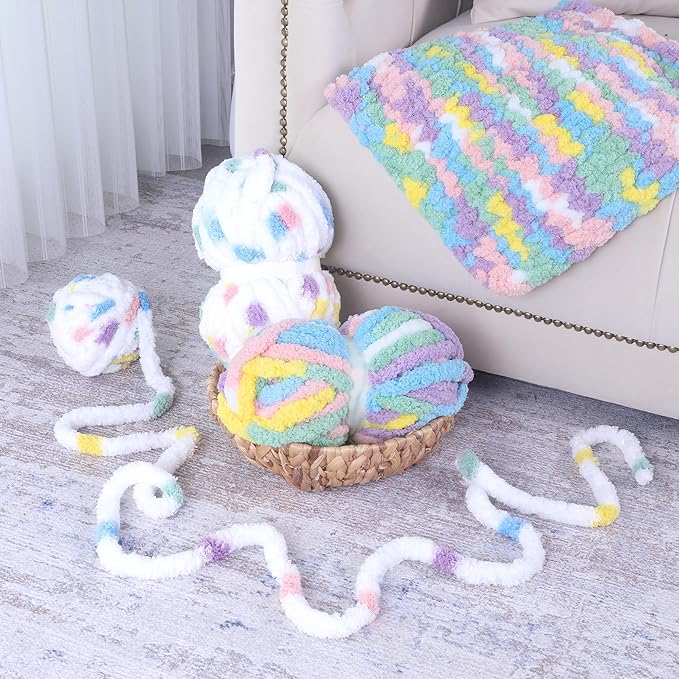 HOMBYS 8 Pack Giant Chunky Yarn for Crocheting/Hand Knitting, Super Bulky Large Soft Fluffy Tie Dye Plush Fuzzy Mixed Color Thick Chenille Yarn (Rainbow, White)