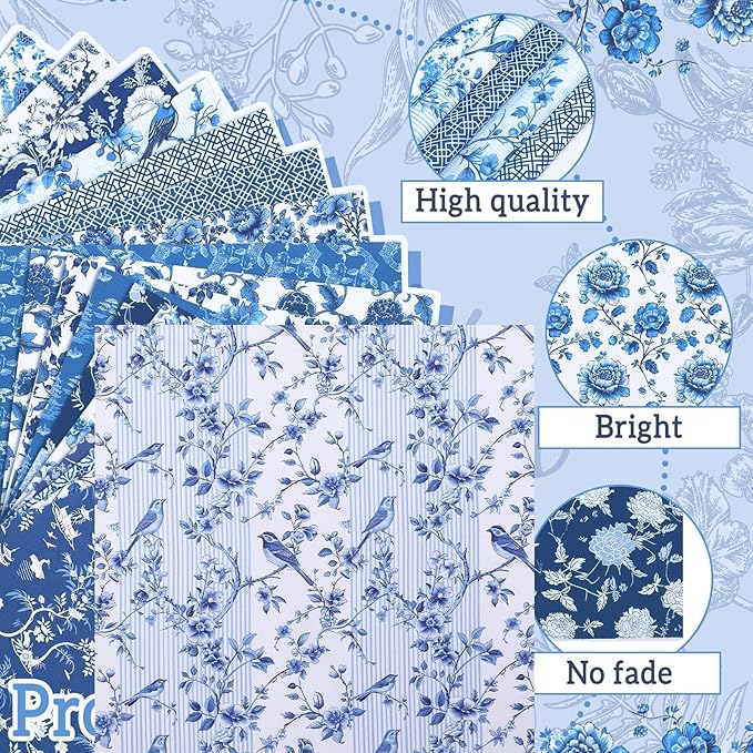 Oudain 60 Pcs 10 x 10 Inch Blue and White Quilting Fabric Squares Chinoiserie Fat Patchwork Chinoiserie Precut Strips Vintage Porcelain Fabric Bundles for Christmas DIY Xmas Craft Sewing Material