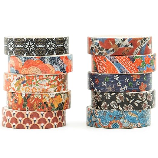 10 Rolls Ukiyo-e Style Washi Tape Set Japanese Kyoto Arts Adhesive Tapes Skinny Decorative Masking Tape Sets for Craft, Kids, Scrapbook, DIY, Gift Wrapping (Waves of Tradition)