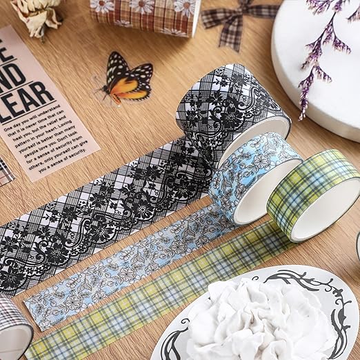 10 Rolls Vintage Floral Washi Tape Set Pastel Plaid Arts Adhesive Tapes Soft Colors Decorative Masking Tape Sets for Craft, Kids, Scrapbook, DIY, Gift Wrapping (Rose Plaid)