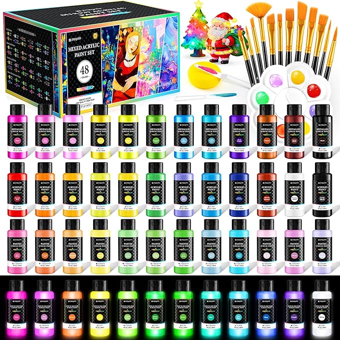 64 PCS Classic & Pastel & Metallic & Glow in the Dark Acrylic Paint Set with 12 Brushes, 2 Knives & Palette, 48 Colors Art Craft Paint for Beginners, Canvas Ceramic Rocks Wood Painting Kit Art Supplies